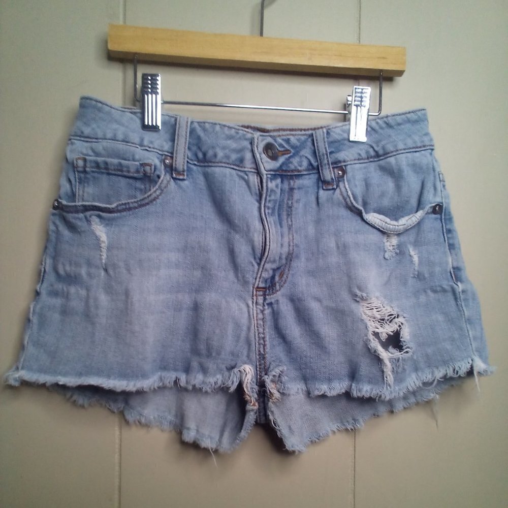 Bullhead Shorts 5 Denim Distressed Raw Hem Blue
